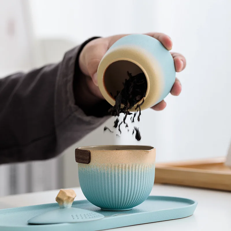 

Gradient color convenient outdoor travel tea set with tea tray set, ceramic express cup, business gift