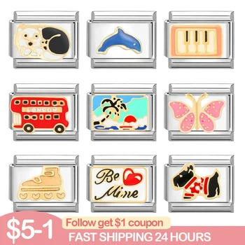 Retro Module Jewelry Red Bus Puppy Piano Pendant Bracelet Italian Links Charm Fit 9mm Bracelet Stainless Steel Jewelry Making 1