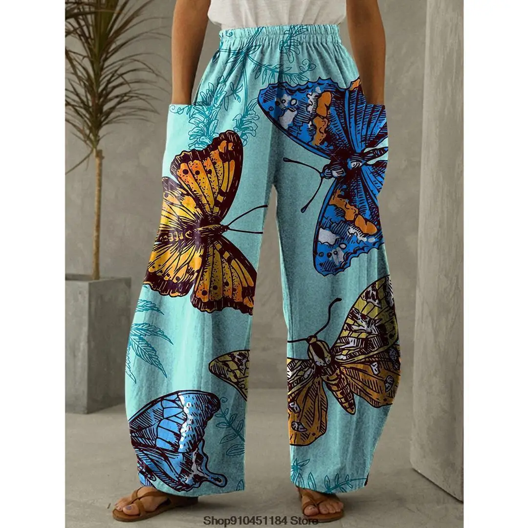 2022 Spring Butterfly Print Long Pants Casual Loose Trousers Bohemian Vintage Beach Wear Women Pretty Wide Leg Trousers