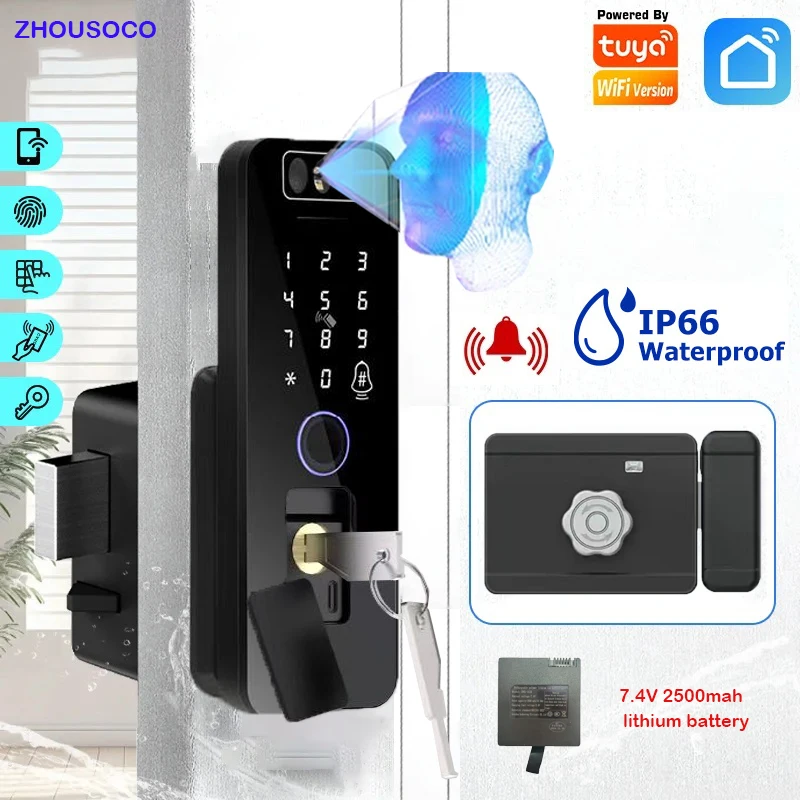 กุญแจล็อคประตูอัจฉริยะ Tuya WiFi ระบบจดจำใบหน้า 3 มิติ กันน้ำ พร้อมลายนิ้วมือ แบตเตอรี่แบบชาร์จได้ ควบคุมผ่านแอพ ไม่ต้องใช้กุญแจ 1
