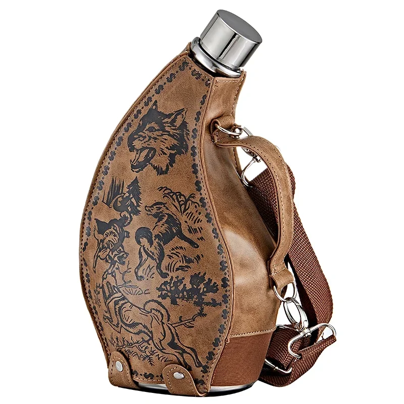 러시아어 휴대용 레트로 가죽 힙 플라스크 수제 보트 와인 가방 전통 공예 물 위스키 알코올 병 야외 Drinkware