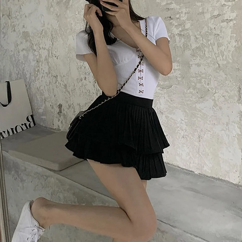 여성용 레이어드 화이트 스커트, Y2K 프릴, 하이웨이스트 스커트, 반바지, 단색 플리츠 미니 팔다 파라 무제레스, 2023 여름