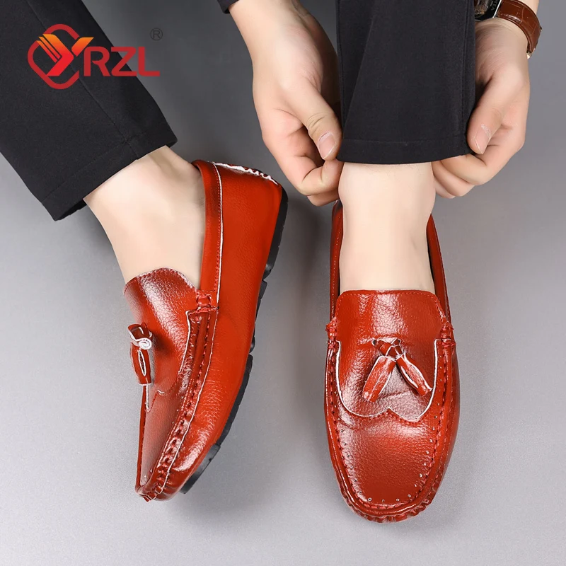 YRZL Genuine Leather Loafers Men Casual Shoes Luxury Brand Mens Tassel Loafers Breathable Slip on Brogue Driving Shoes Plus Size