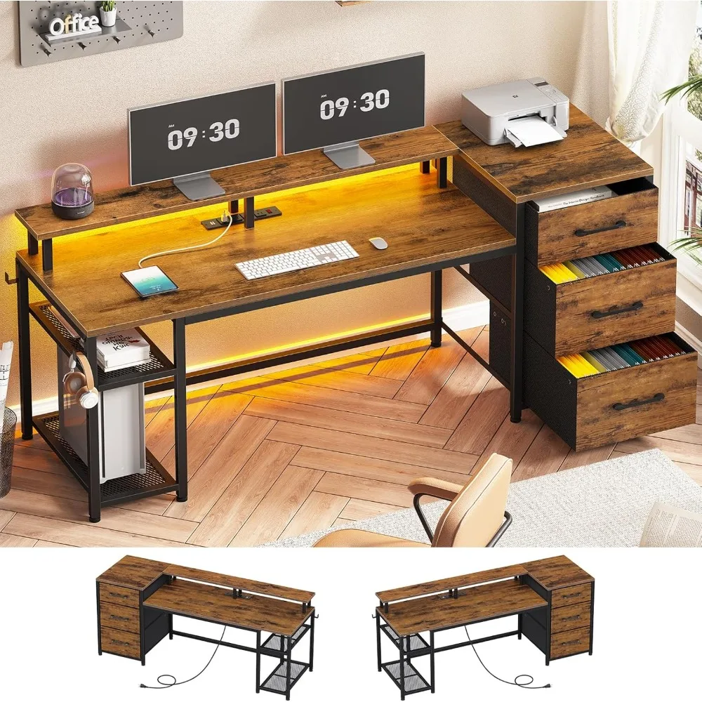 Office Desk with Drawers, Reversible Computer Desk with File Drawers, Gaming Desk with LED Lights, Home Office Desks 3