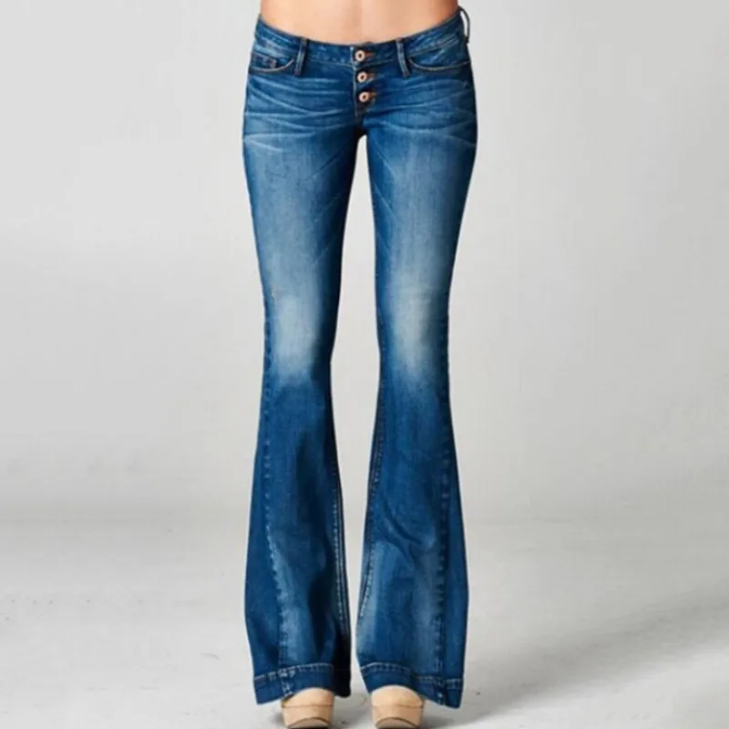 

Low Waist Flared Women Jeans Loose Wide Leg Denim Pants Causal Button Up Bell Bottom Jeans Slim Fit Full Length Female Trousers