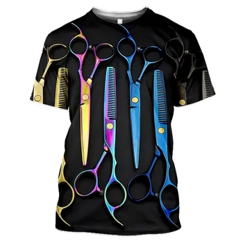 Barber Uniform Fashion Scissors Printed Men's T-shirt Hip Hop Harajuku Plus Size Short Sleeve Summer Fashion Round Neck T-shirt 3
