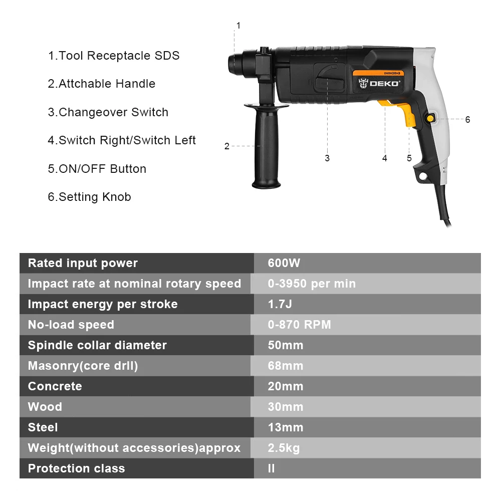 DEKO Multifunctional Rotary Hammer Electric Demolition Hammer Impact Drill With 6pcs Accessories For GJ181/DKRH20H3/DKRH26H2 electric hammer drill,electric jackhammer