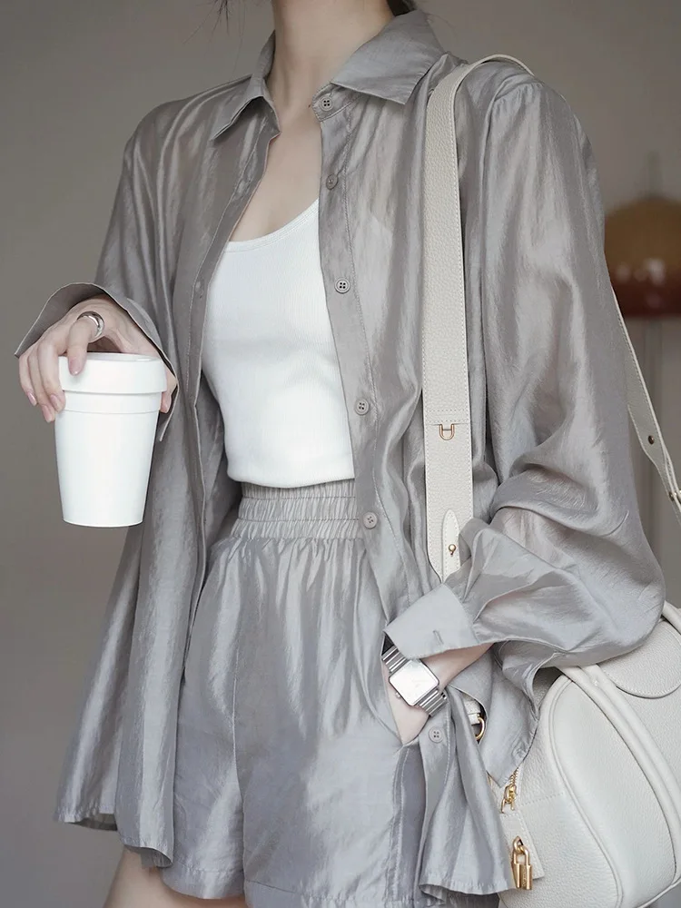 

2023 Summer Fashion Thin Shirt Suit Women Grey Single-breasted Long Sleeve Shirt High Waist Shorts Two Piece Set Women Outfit