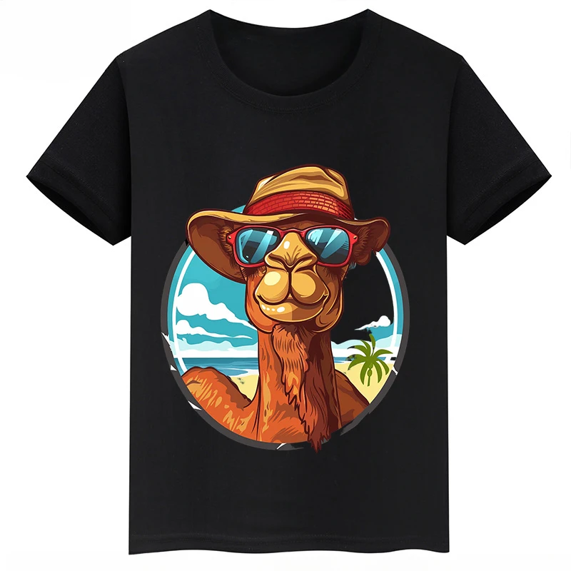 thumbnail image 1 of Ropa infantil con estampado de dibujos animados de camellos, camisetas negras de manga corta de verano para niños, camisetas de algodón personalizadas para niños y niñas, 1 of 4