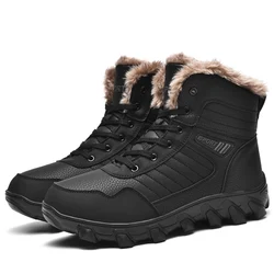 2023 Leather Hiking Boots Mens Winter Outdoor Warm Fur Non Slip Fashion Hike Ankle Boot Black Hunting Boots Rubber Large Size 48