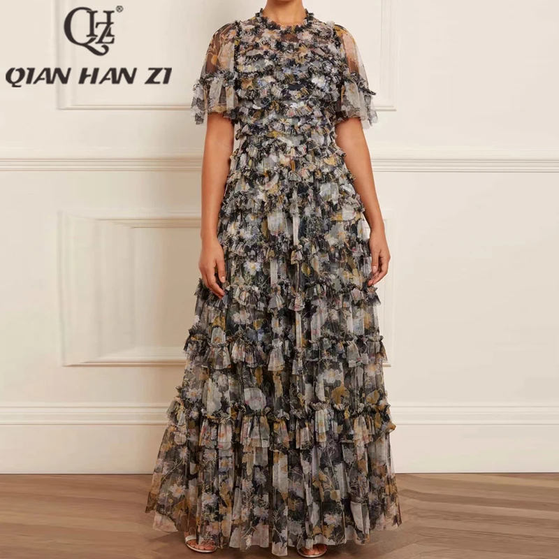 

QHZ Designer Fashion Runway Vintage Maxi Dress woman Ruffle sleeves Print mesh multilayer Ruffled luxury Elegant Long dress