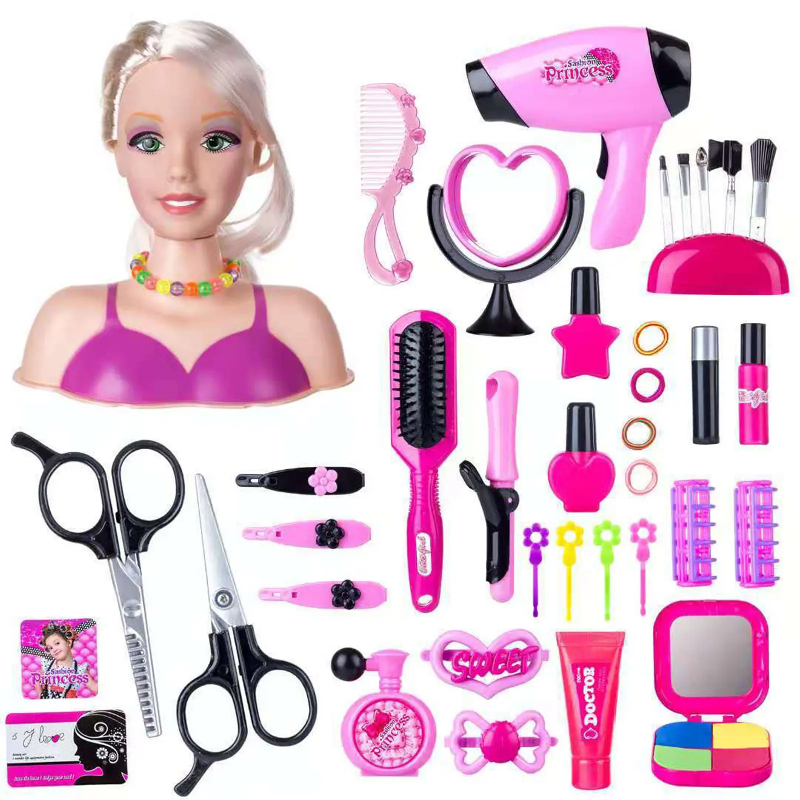 Boneca conjunto de maquiagem de cabelo cosmético boneca com secador de  cabelo cabeça de boneca brinquedo
