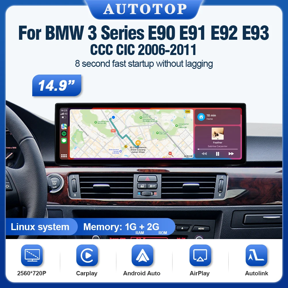 AUTOTOP 14,9-calowy odtwarzacz wideo samochodowy z systemem Linux o rozdzielczości 2560*720P do BMW serii 3 E90 E91 E92 E93 CCC CIC Nawigacja GPS Carplay Android Auto