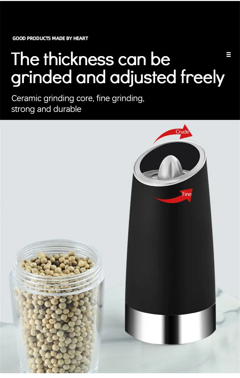 Description Picture 5 of itemElectric Pepper Mill Gravity Induction Automatic Salt Pepper Grinder Adjustable Thickness One Handed Operation Spice Grinder