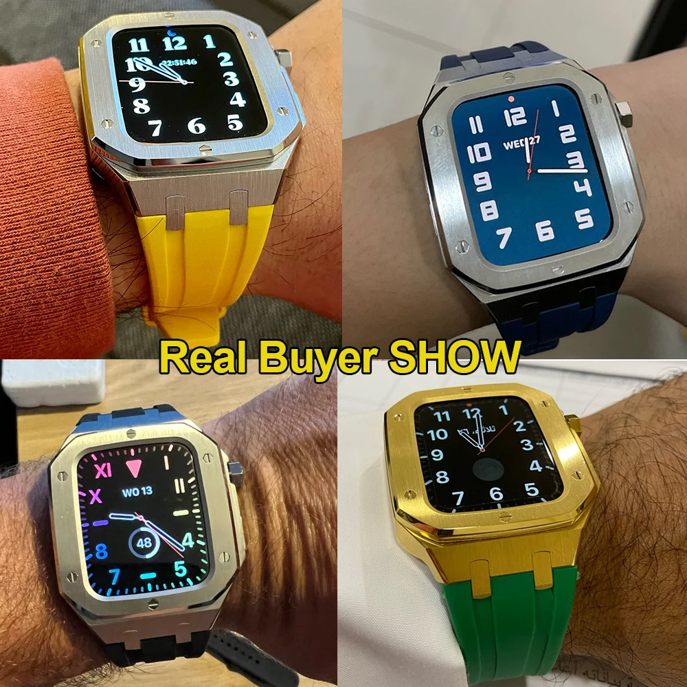 Modification Kit Metal Case+strap For Apple Watch bands Series 8 7 45mm Correa iWatch band 44mm 42mm Rubber Bracelet Wristband