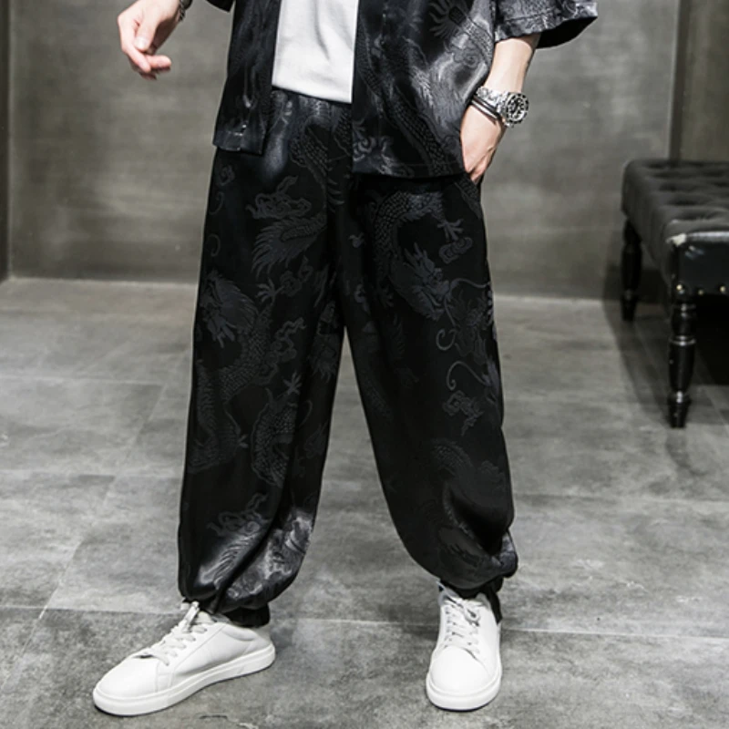 Chinese Style Casual Practice Kung Fu Pants Men's Plus Size Jogging Pants Chinese Traditional Dragon Pattern Trousers Hanfu