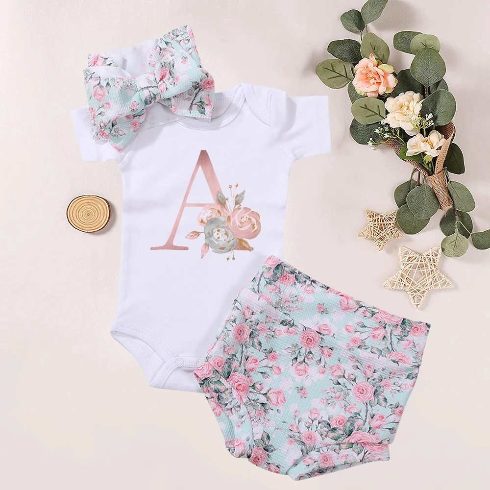

3pcs Newest Summer Toddler Infant Baby Girl Cotton Casual Outfits Set Letter Bodysuit+flora Shorts+Headband Cute Baby Clothes