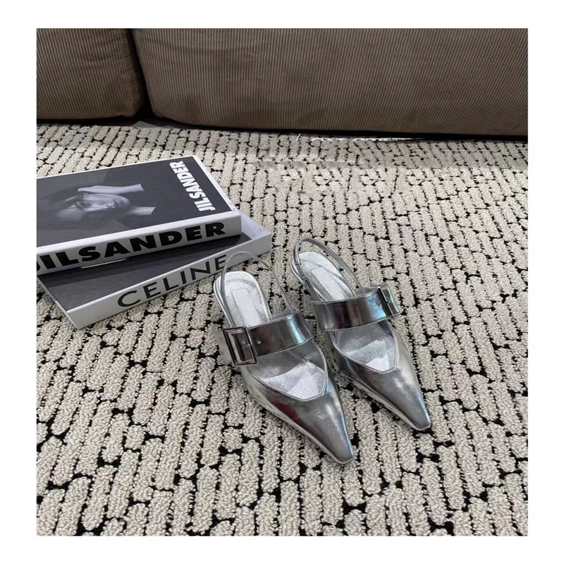 Spring and summer 2024 New Europe and the United States Metal Square Buckle lacquer hollow lady pointed high-heeled shoes