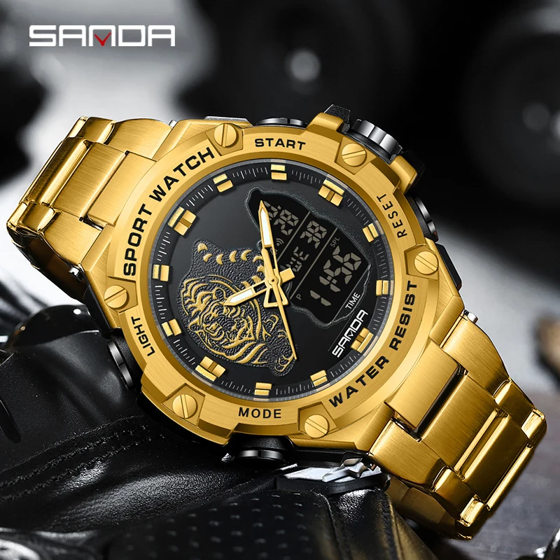 

SANDA 2024 New Fashion Men Outdoor Sports Watches Luxury Gold Case Multifunctional Chronograph Watch Luminous Waterproof 3171