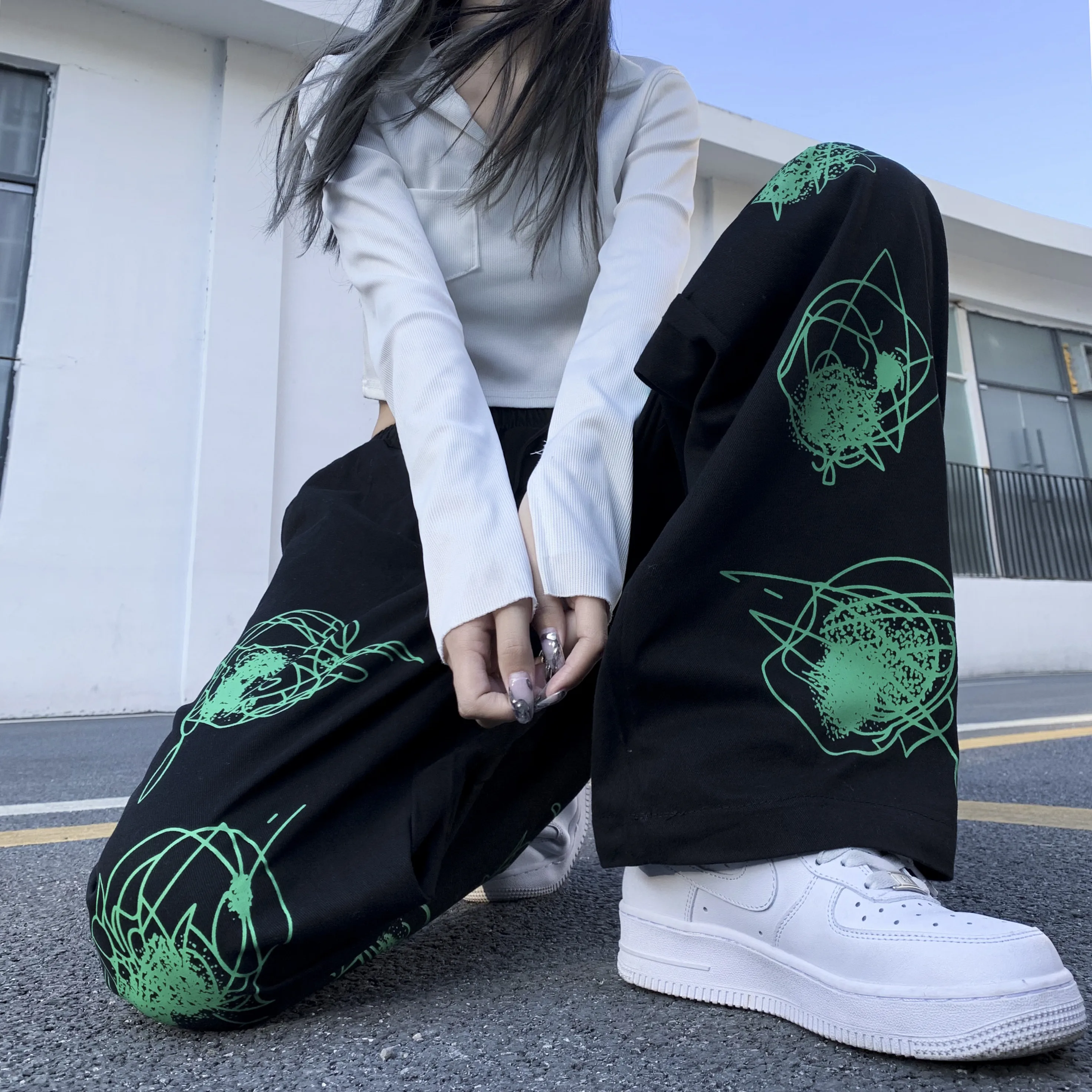Spring Summer Green Graffiti Black Pants Women Men Harajuke Streetwear Loose High Waist Drawstring Wide Leg Pants Tide