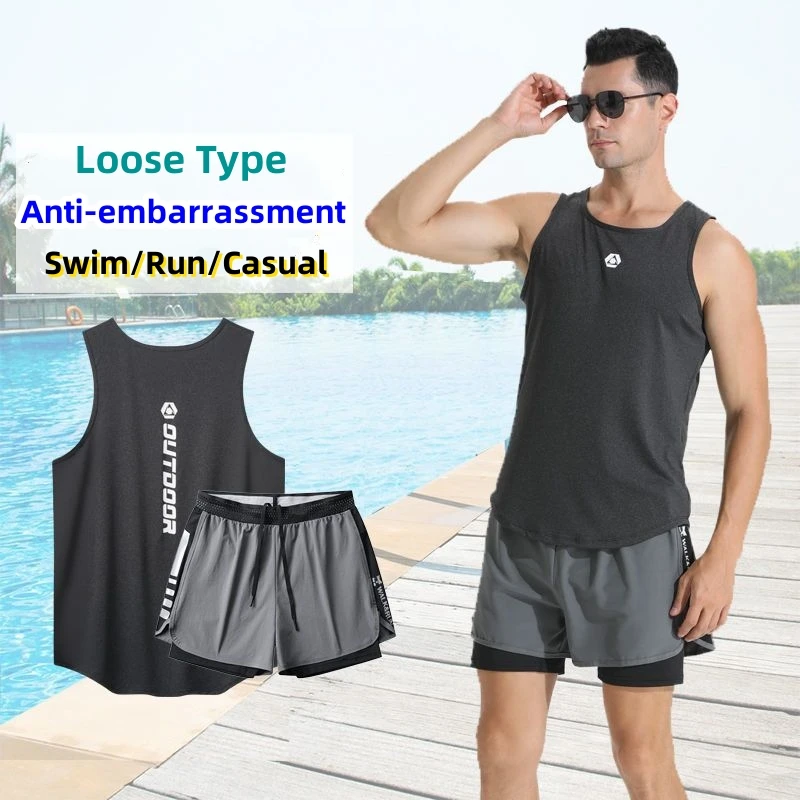 

Men's Swimsuits Anti Embarrassment Loose Quick Dry Swimming Shorts Vest Seaside Beach Swimsuit Spring Summer Swimwear Casual Set