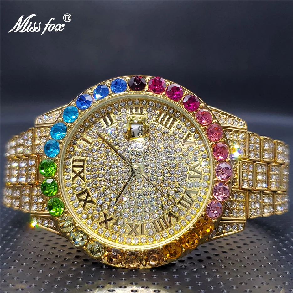 

18K Gold RelojHombre Luxo Rainbow Bezel Ice Out Moissanite Fashion Couple Watch Calendar Waterproof Quartz Watches Droshipping