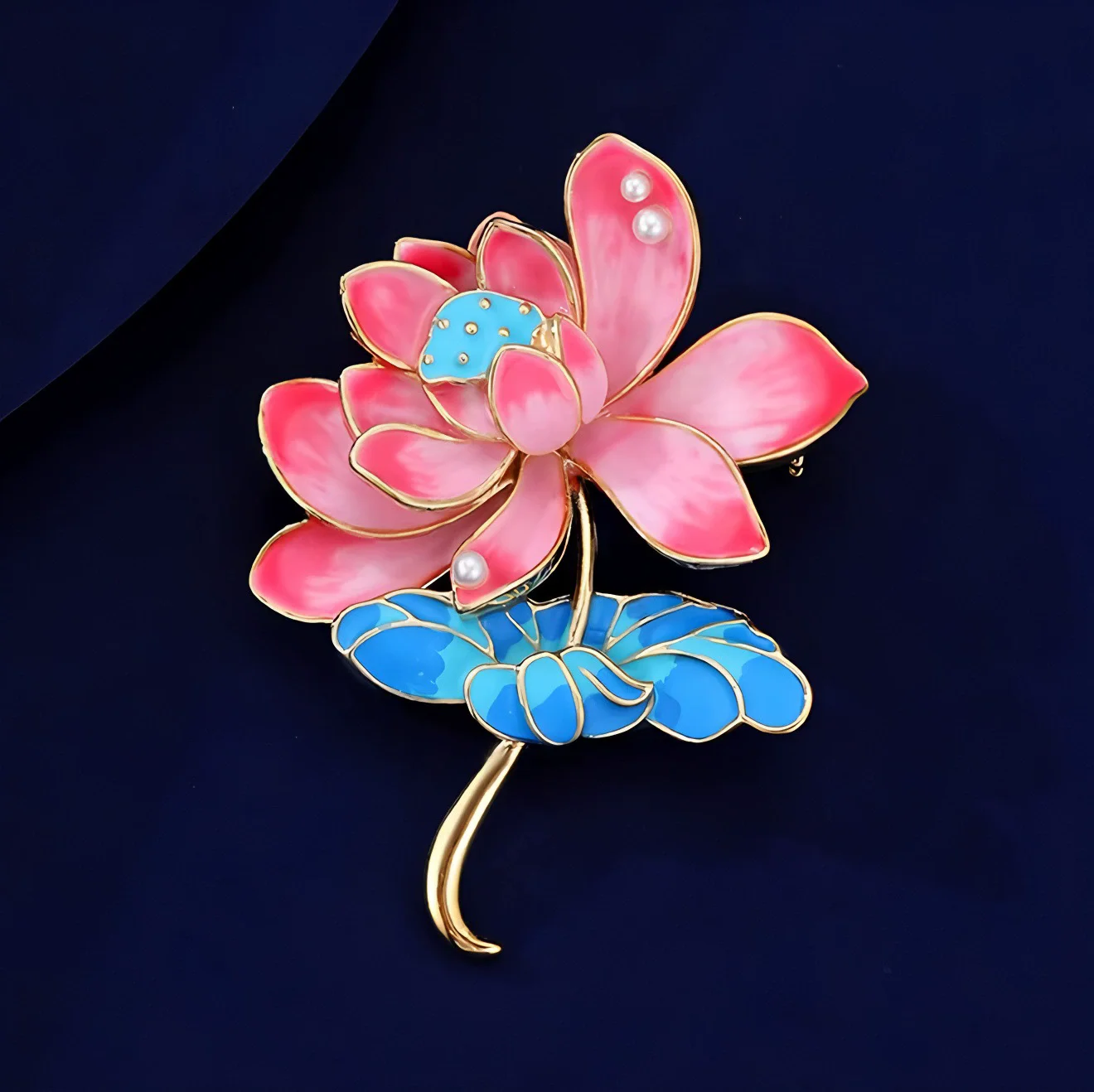 Blooming Pink Petals Lotus Flower Brooches for Women Enamel Oil Blue Lotus Leaf Brooch Pins Vintage Chinese Trendy Jewelry Gifts