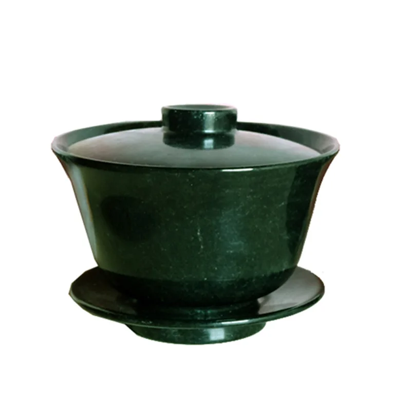 Chinese Traditional Teaset Green Jade Gaiwan Set Tibetan Medicine King Stone Magnetic Jade Cover Bowl Health Gongfu Teaware