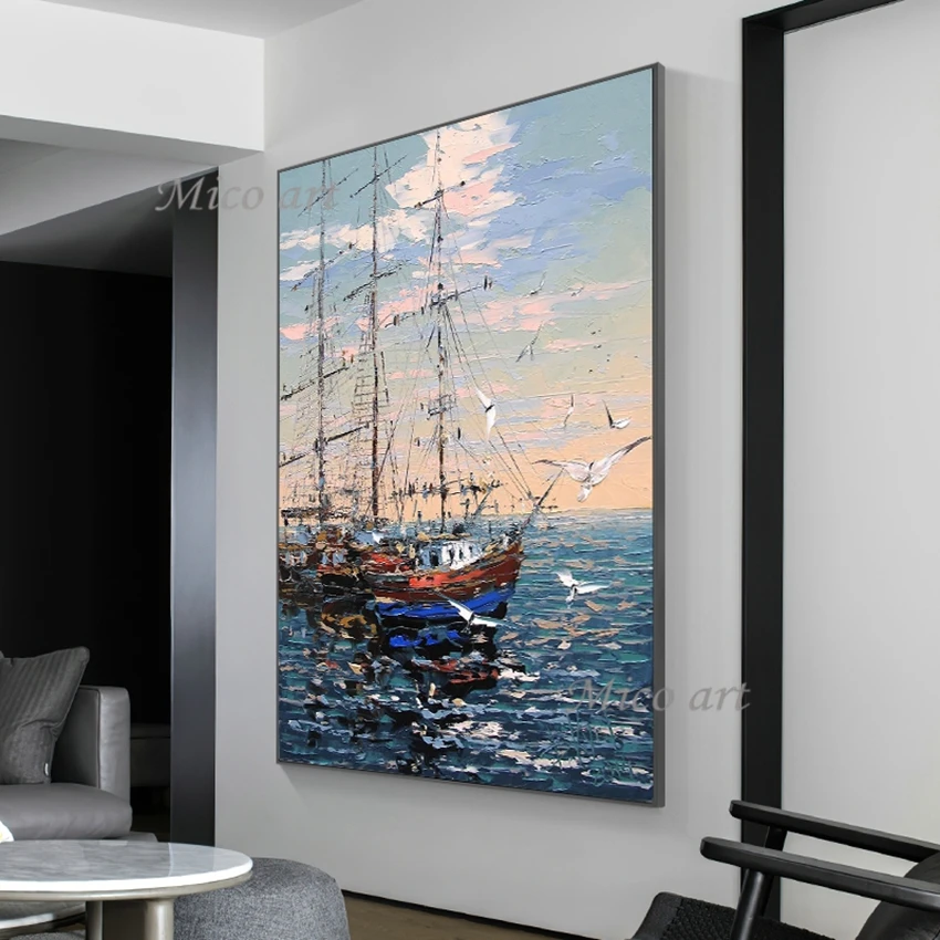 Dropship Handmade Oil Painting Original Nautical Oil Painting On Canvas  Large Wall Art Abstract Colorful Sailboat Painting Sunset Ocean Painting  Living Room Wall Decor to Sell Online at a Lower Price