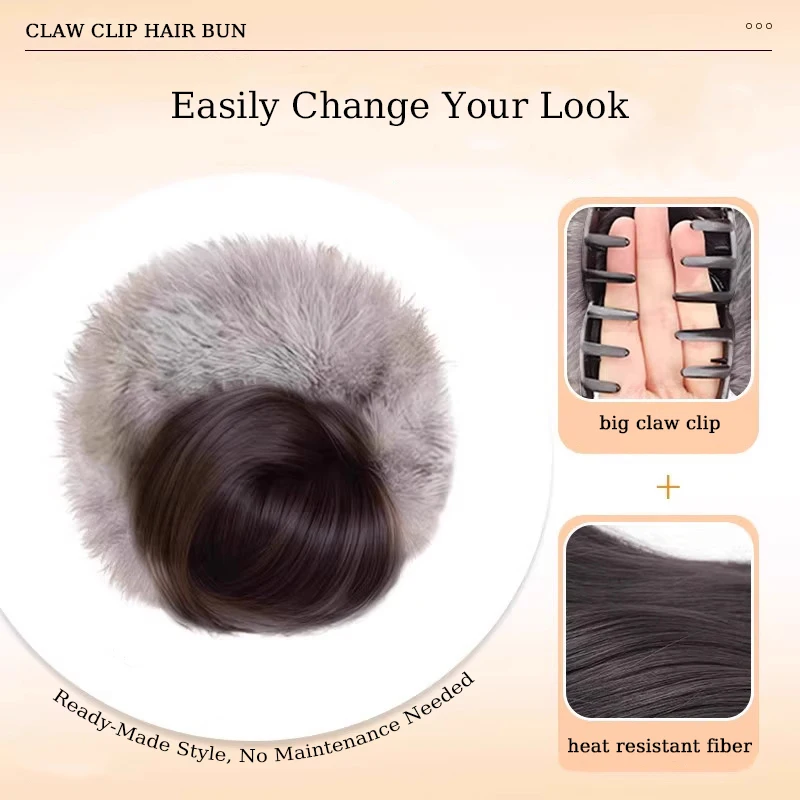 Synthetic Hair Bun Extensions Wig Claw Clip Hair Bun with Grey Plush Hair Band Updo Hair with Clip for Women Daily Winter Use