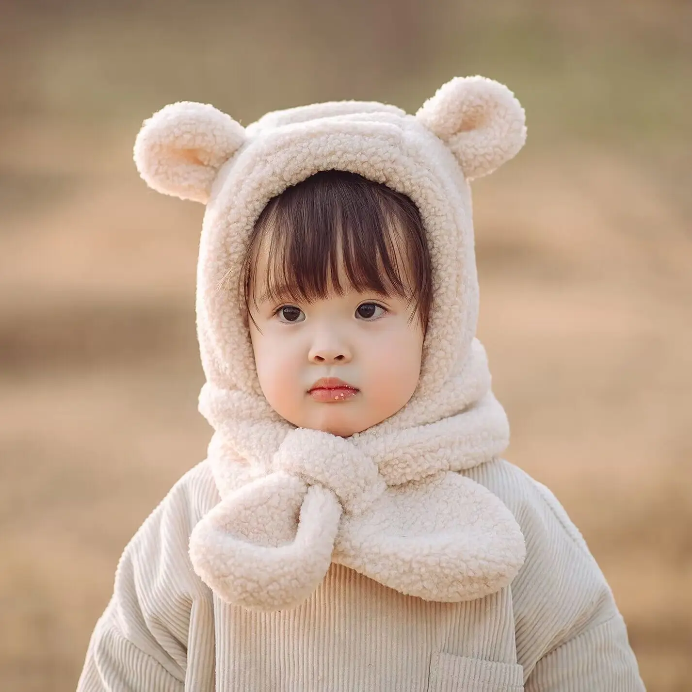 Winter children's hats scarves integrated men and girls thickened warm baby cute baby Two piece set windproof ear protection cap