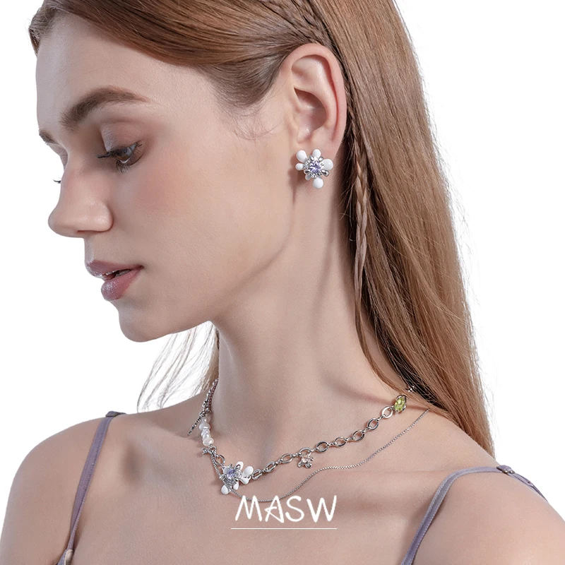 MASW Original Design 2023 Trend New Senior Sense High Quality Brass Purple White Flower Earrings For Women Girl Fashion Jewelry