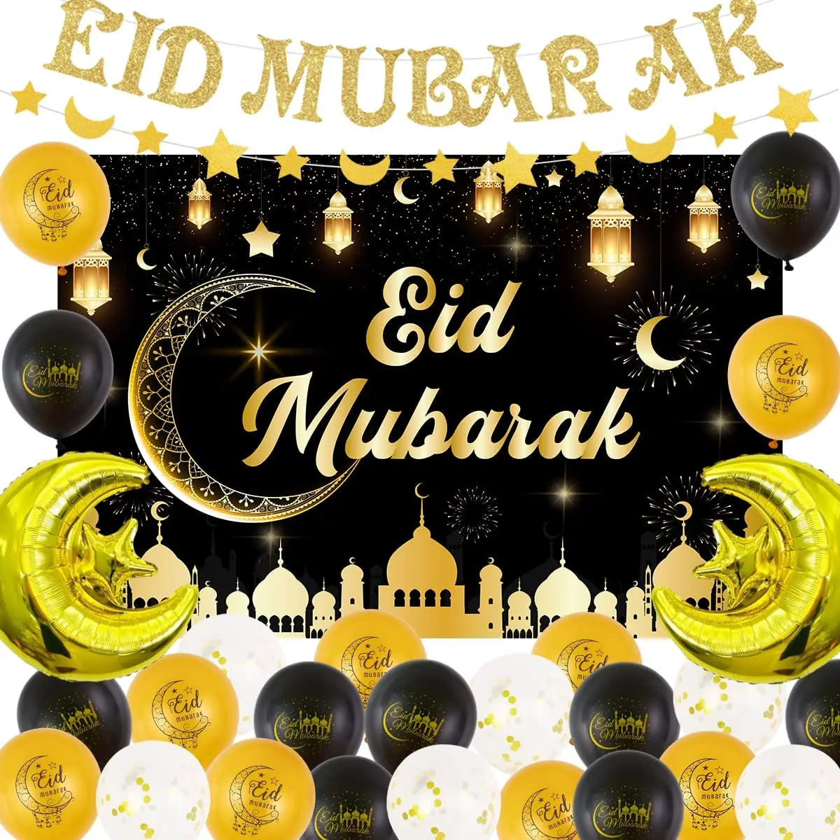 

JOYMEMO Eid Mubarak Decoration for Home Eid Mubarak Backdrop Banner Moon Star Garland Balloon for Muslim Islamic Eid Party Decor