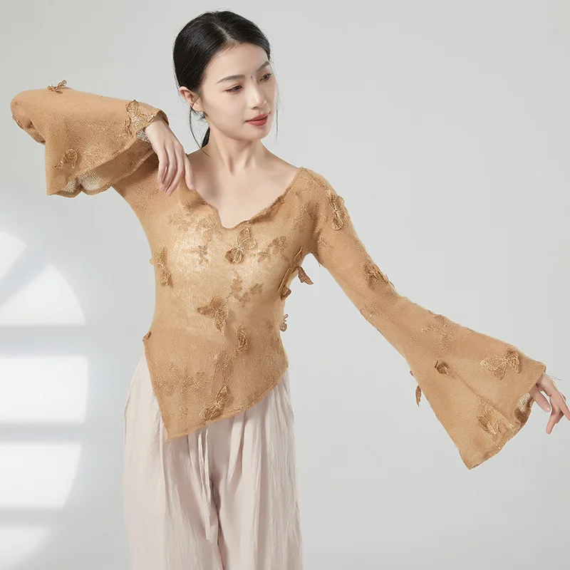 

Женский приталенный костюм для танца живота, блузка с длинным рукавом и V-образным вырезом, с 3D вышивкой бабочки