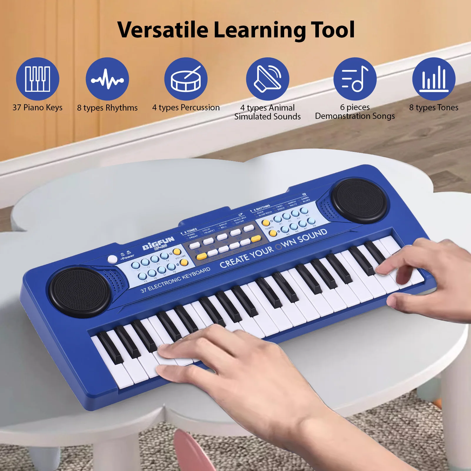 BIGFUN 37 Key Electronic Keyboard Piano 8 Tones 8 Rhythms 4 Percussion 6 Demos Dual Speaker Musical Instrument for Beginners