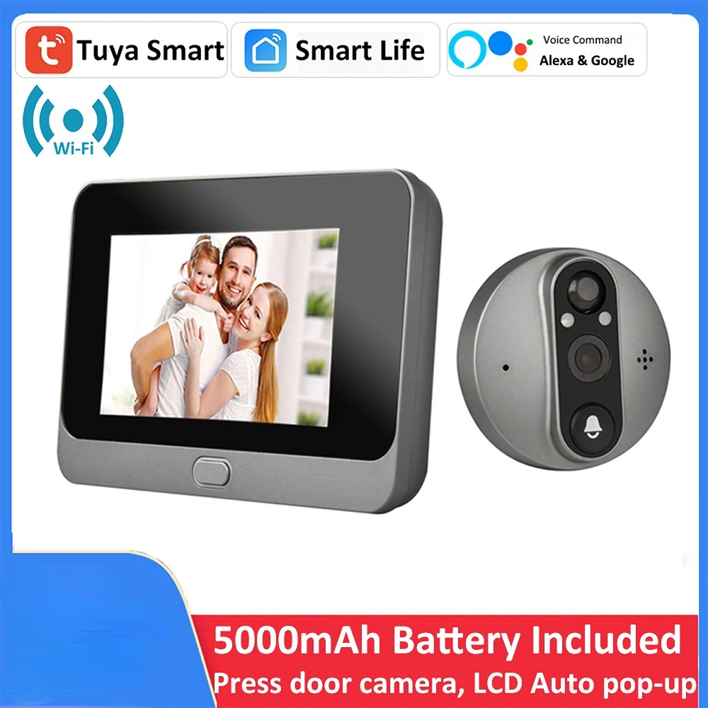 Smart Tuya 1080P WiFi Door Bell Eye Peephole Camera - Infrared PIR Motion Detection Alexa/Google Integration