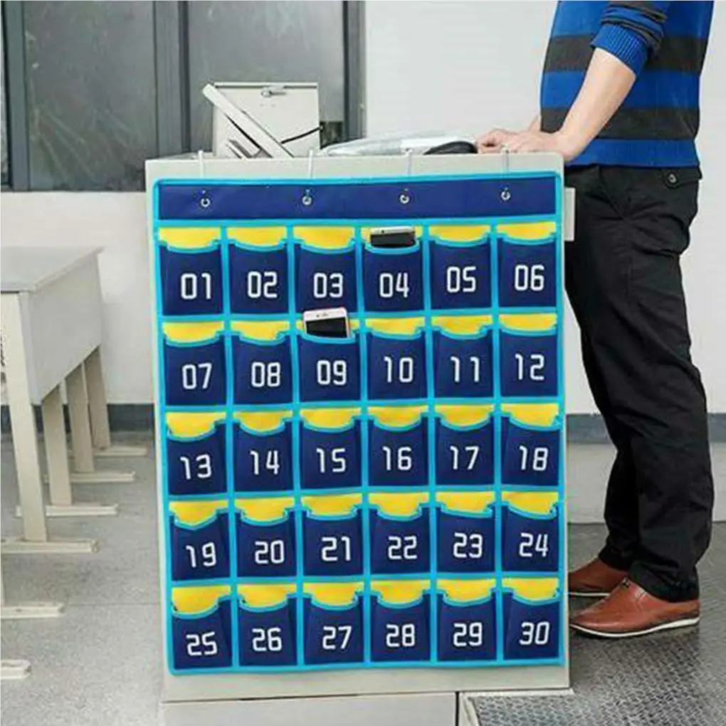 Numbered Pocket Charts Mount Over the Door Organizer Homeschool Supplies Storage Bag with 4 Hooks for Cell Phones 30/36 Cells