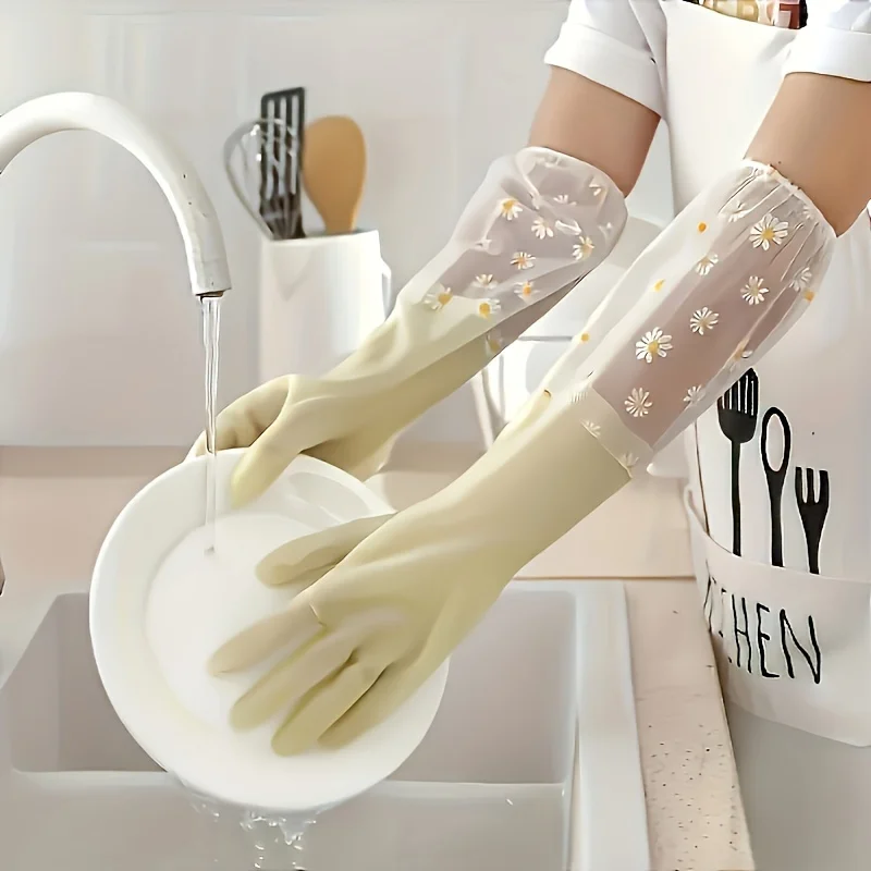 1 Pair Durable Waterproof PVC Cleaning Gloves, Non-Slip Dishwashing Gloves for Kitchen, Household Laundry Gloves
