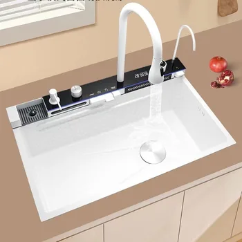 บินฝนน้ําตกอ่างล้างจานร้อนเย็นดึงอ่างล้างจานดิจิตอลก๊อกน้ํา 304 อ่างล้างจานสแตนเลส 2