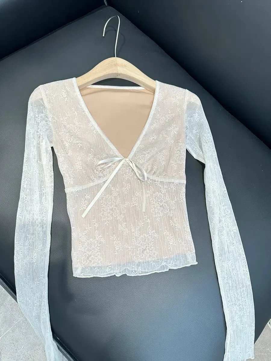 Korean Fashion Crop Top y2k Aesthetic Sweet Lace Patchwork Long Sleeve T Shirt with Bow 2000s Women Clothes Streetwear