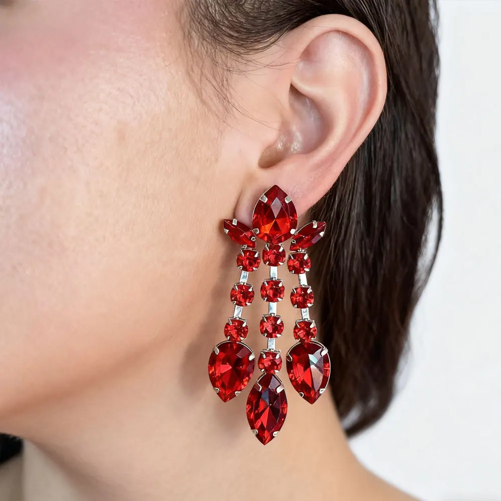 Red Sexy Full Diamond Large Waterdrop Earrings Women's Tassel Rhinestone Claw Chain Earrings Fashionable Commute Style