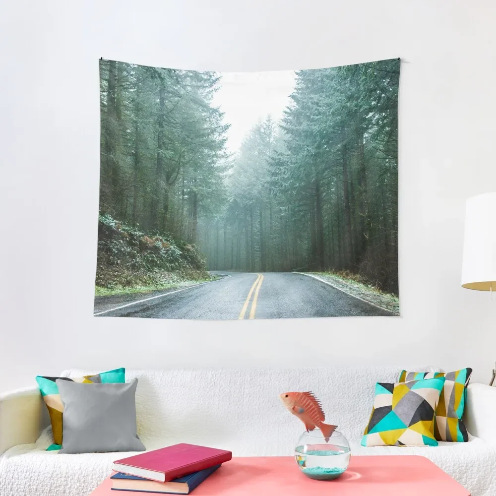 

Forest Road Trip - Foggy Day Fir Trees Pacific Northwest Adventure Tapestry Art Mural Tapestry