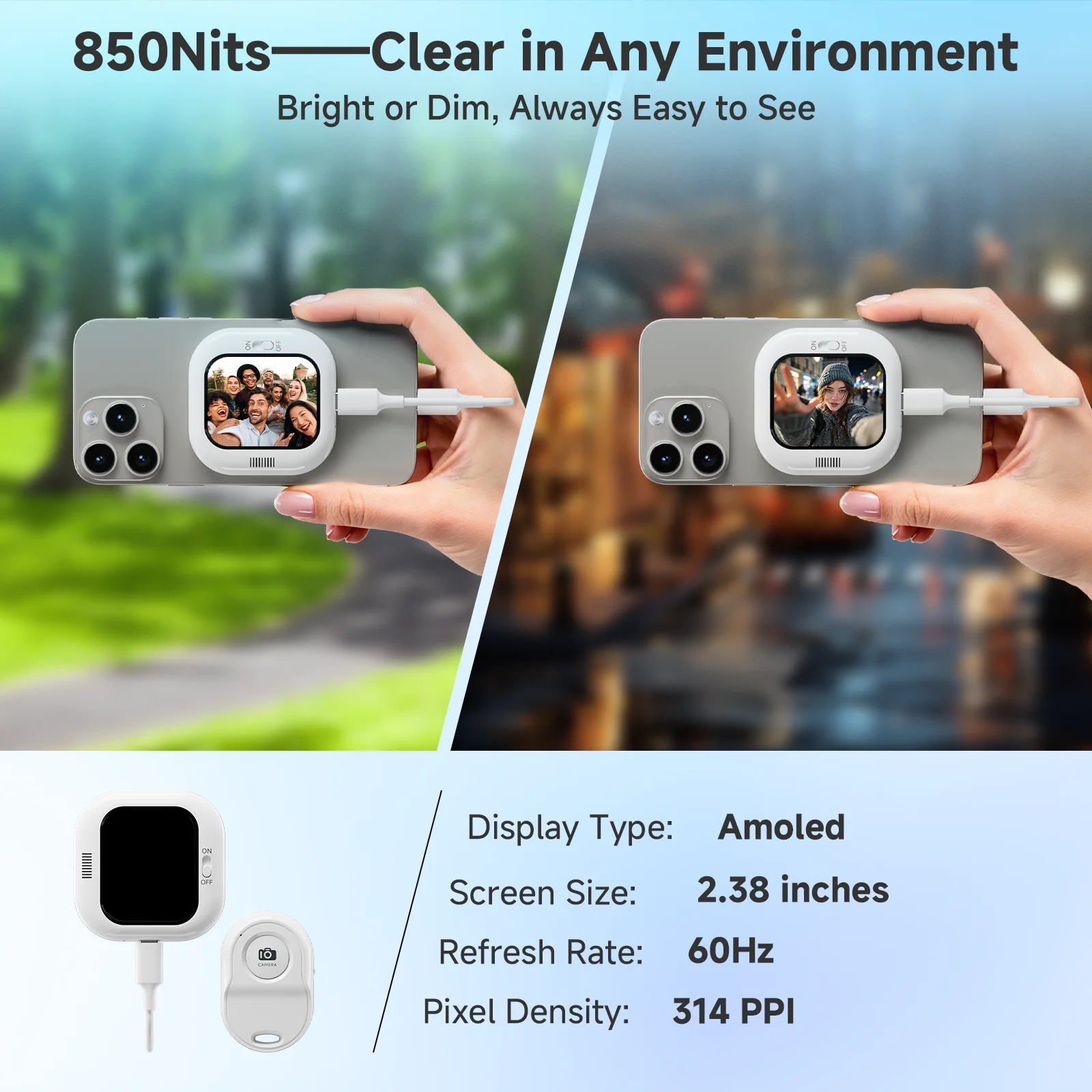 미니폰 브이로그 셀카 디스플레이 화면, 후면 카메라 셀카/로그/라이브 스트리밍에 사용, 아이폰 카메라 디스플레이와 호환 가능