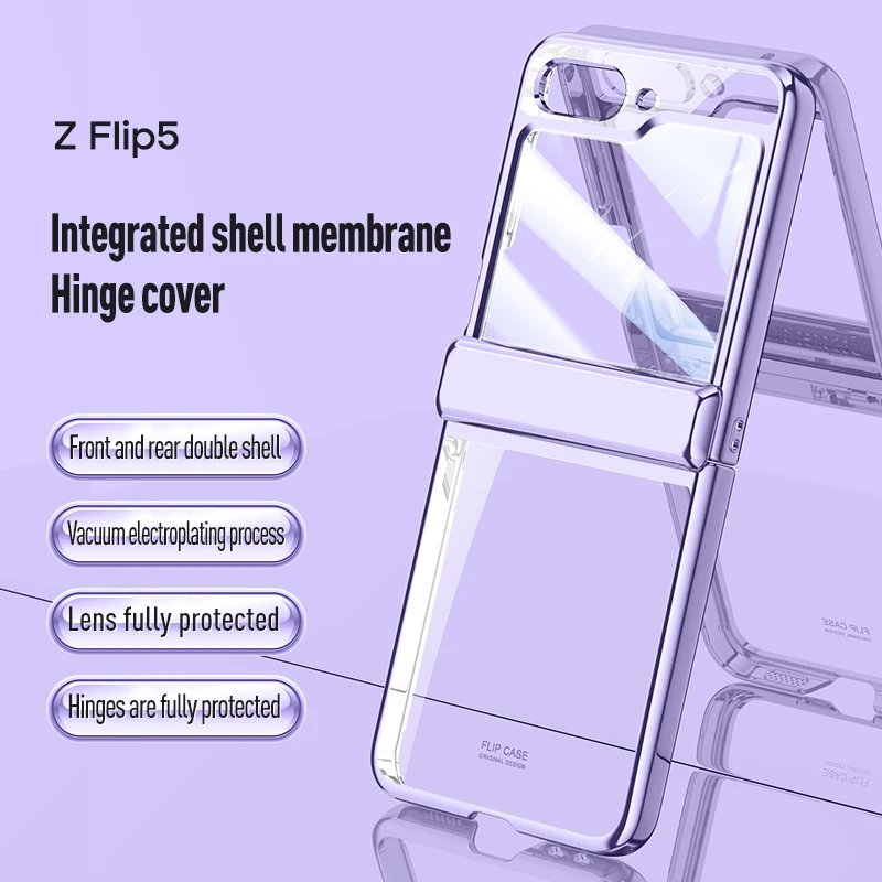 For Samsung Galaxy Z Flip 5 Case Electroplated Transparent Folding Hinge With Mirror Film All Inclusive Shockproof Hard Cover