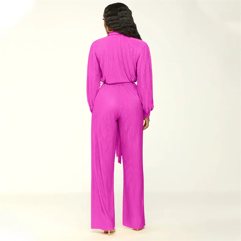 Fashion Lapel Button Half Cardigan Jumpsuit With Belt Women Loose Straight Long Pants Female Comfortable Commuter Casual Rompers
