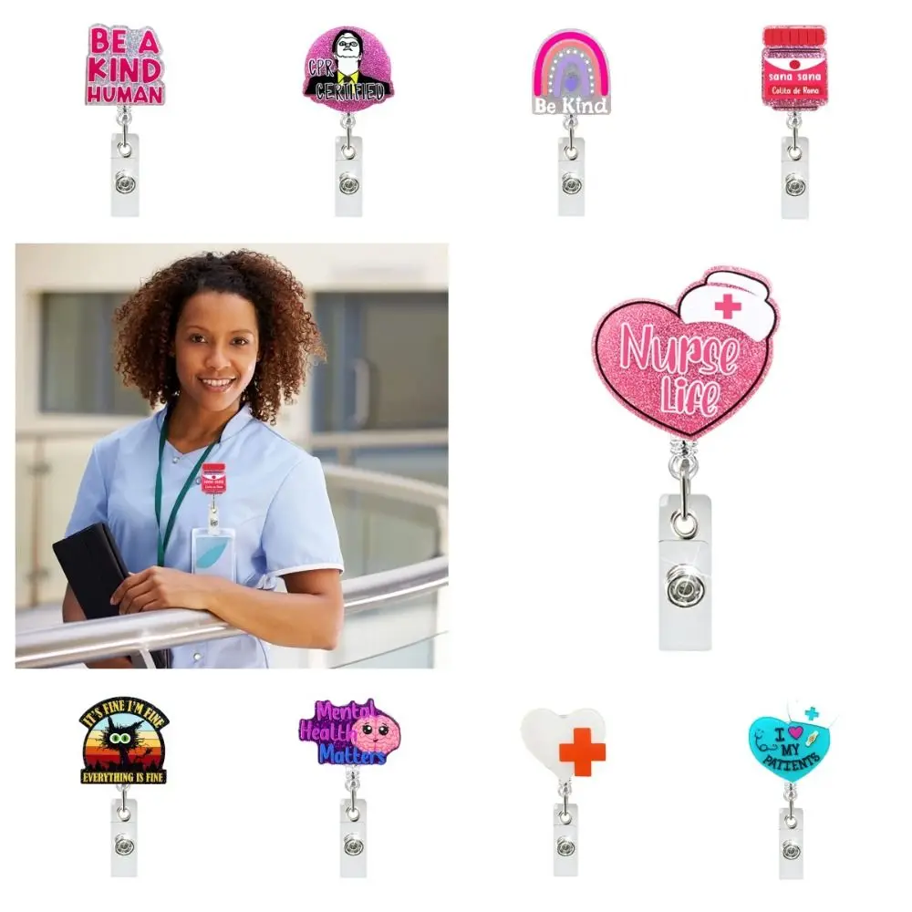 

Cartoon Nurse Retractable Badge Reel Creative Cat Acrylic Name Card Holder Glitter Chill Pill Hospital Badge Holder Card