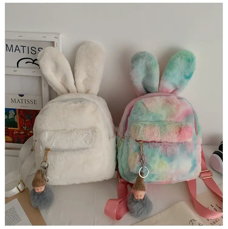 Personalized Embroidery Kawaii Plush Bunny Backpack Faux Fur Mini Backpack Rabbit Ear Women Travel Shoulder Bags Plush Backpack 6