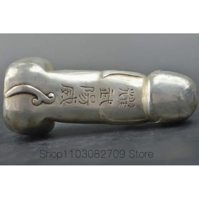 Tibet silver man guard Foo Dog Lion male Carved Penis God Collect Statue Figure 5