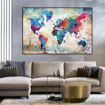 Stampa su tela con mappa del mondo colorata vintage, immagini murali, poster e stampe del soggiorno, arte moderna, decorazione della parete di casa
