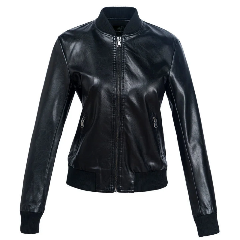 

Spring Autumn Women Leather Jackets Thin Korean Style Coat O'Neck